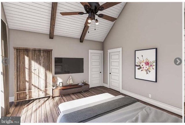 bedroom featuring wooden ceiling, dark wood-type flooring, high vaulted ceiling, ceiling fan, and beam ceiling