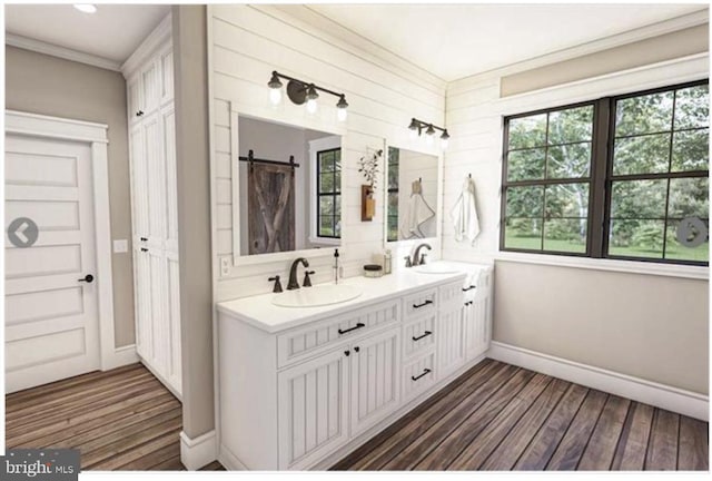 bathroom featuring hardwood / wood-style floors, vanity, and wood walls