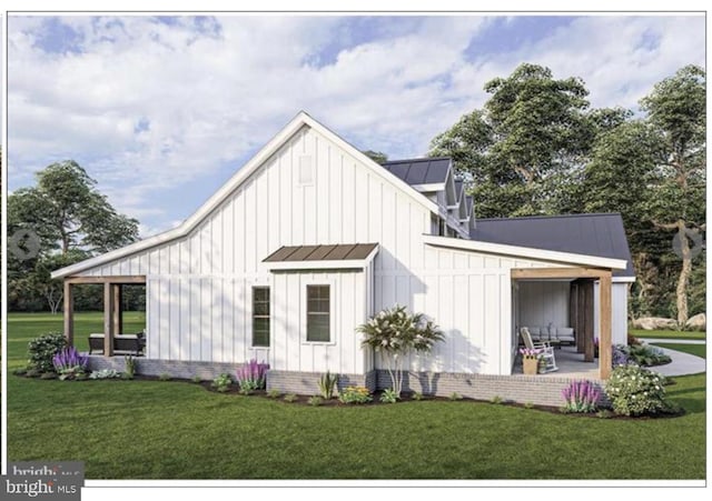 view of property exterior featuring a lawn and a patio