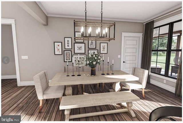 dining area with hardwood / wood-style floors, an inviting chandelier, and ornamental molding