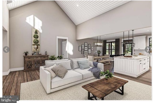 living room featuring wood-type flooring, an inviting chandelier, high vaulted ceiling, and wood ceiling