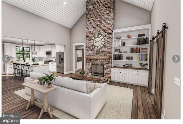 living room with dark wood-type flooring, high vaulted ceiling, a barn door, a fireplace, and wood ceiling