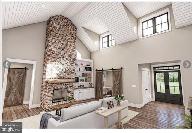 living room featuring french doors, a barn door, high vaulted ceiling, wood ceiling, and hardwood / wood-style flooring