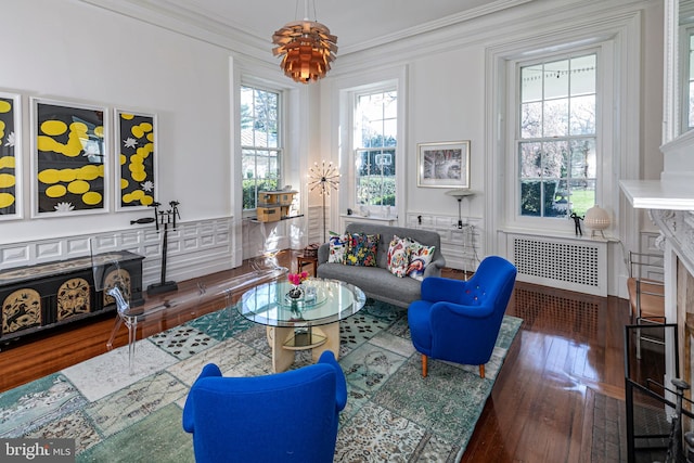 living room featuring a fireplace, dark hardwood / wood-style flooring, crown molding, and radiator heating unit