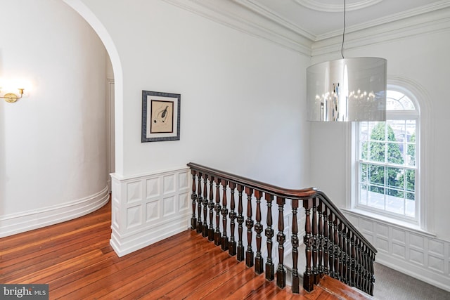 stairway with dark hardwood / wood-style flooring and crown molding