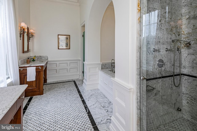 bathroom featuring ornamental molding, tile flooring, separate shower and tub, and large vanity