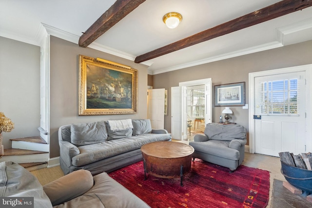 living room with beam ceiling and ornamental molding