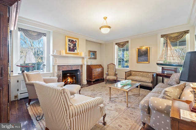 living room featuring baseboard heating, a fireplace, crown molding, and hardwood / wood-style floors