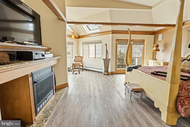 bedroom featuring a skylight, high vaulted ceiling, a baseboard radiator, crown molding, and hardwood / wood-style flooring