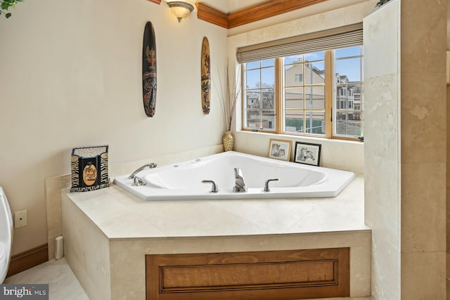 bathroom with crown molding, a bath, and tile flooring