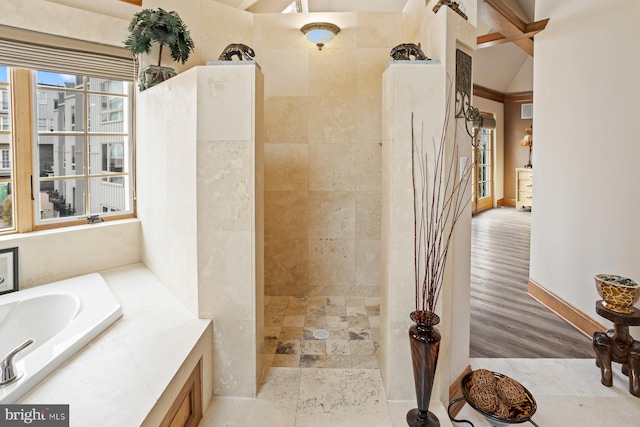 bathroom featuring independent shower and bath, wood-type flooring, and ornamental molding