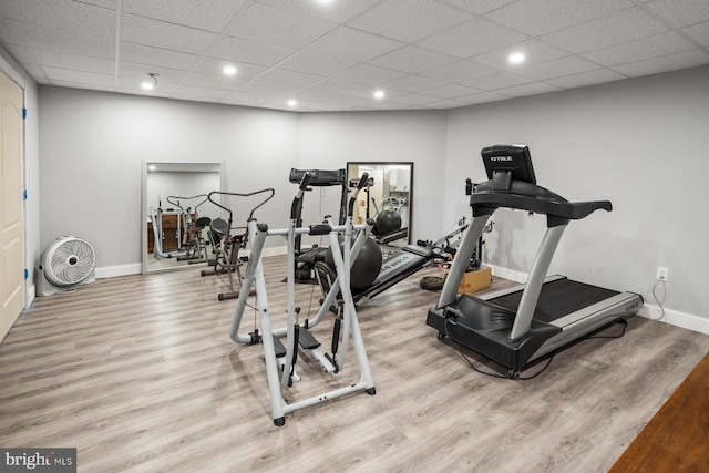 exercise room featuring a paneled ceiling and light wood-type flooring