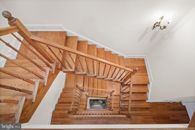 stairs with a fireplace