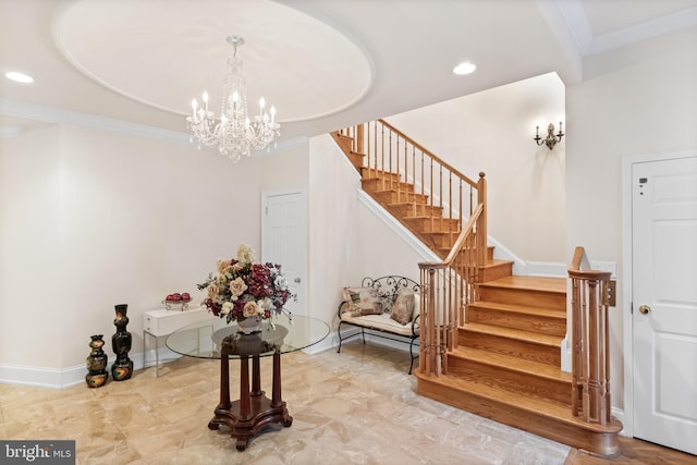 stairs featuring an inviting chandelier, crown molding, and light tile floors