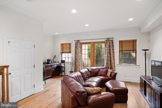 living room featuring ornamental molding and light hardwood / wood-style flooring