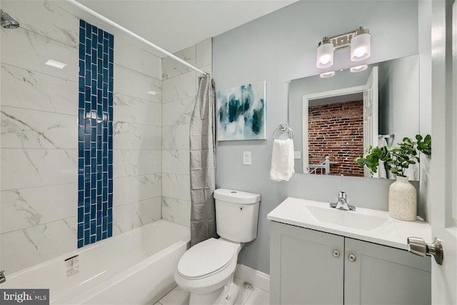 full bathroom with shower / bath combination with curtain, tile floors, large vanity, and toilet