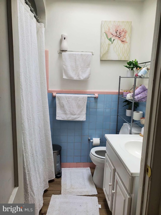 bathroom featuring tile walls, toilet, vanity, and wood-type flooring