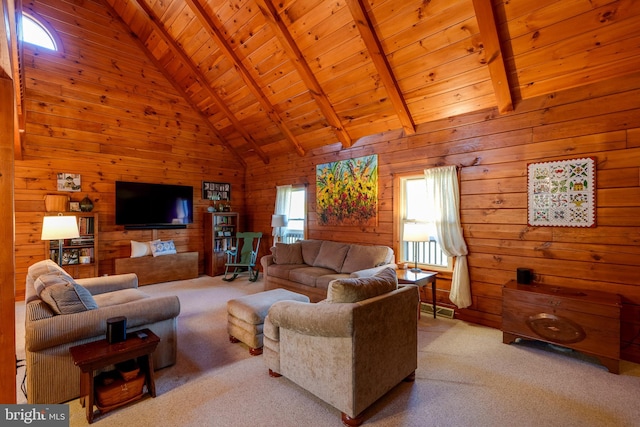 living room featuring light carpet, wood ceiling, beam ceiling, high vaulted ceiling, and wood walls