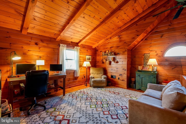 office space with wood ceiling, vaulted ceiling with beams, wood walls, and light hardwood / wood-style floors