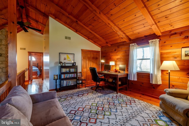 home office with wood walls, high vaulted ceiling, light hardwood / wood-style flooring, beamed ceiling, and wood ceiling