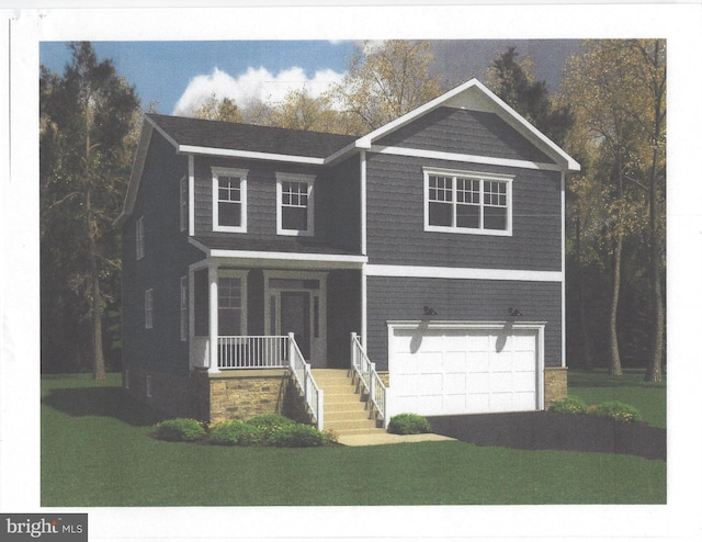 view of front of home with covered porch, a garage, and a front lawn