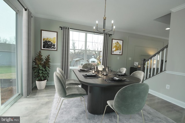 dining space featuring hardwood / wood-style flooring, an inviting chandelier, and ornamental molding