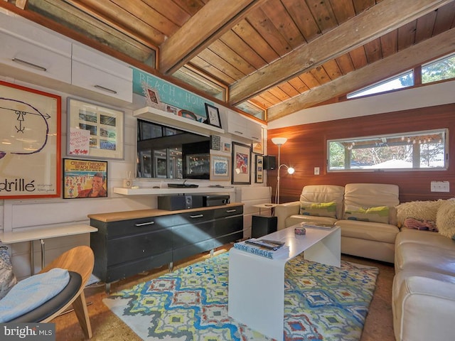 living room featuring vaulted ceiling with beams and wood ceiling