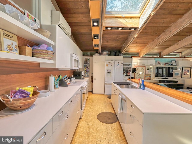 kitchen featuring sink, white cabinets, wooden ceiling, and white appliances