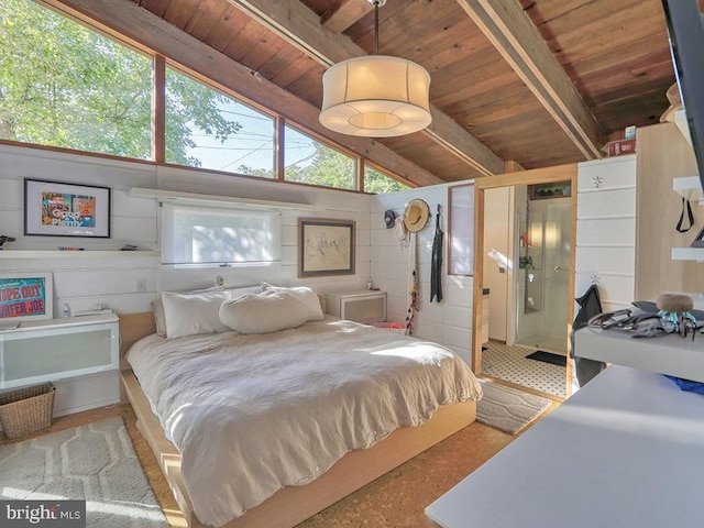 bedroom featuring wooden ceiling, wooden walls, and lofted ceiling with beams