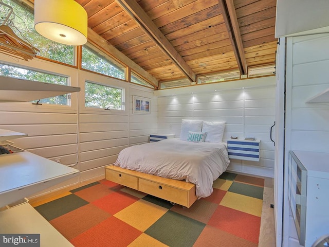 bedroom with vaulted ceiling with beams, wooden walls, and wooden ceiling