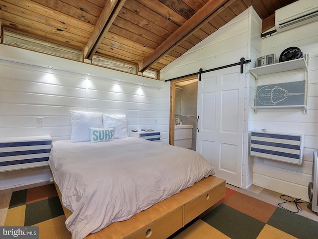 bedroom featuring lofted ceiling with beams, wooden walls, a barn door, a wall mounted AC, and wood ceiling