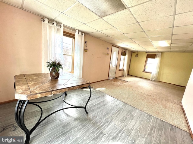 interior space with a drop ceiling, plenty of natural light, and light hardwood / wood-style floors