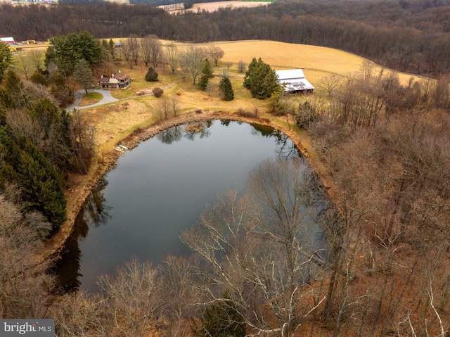 drone / aerial view featuring a water view