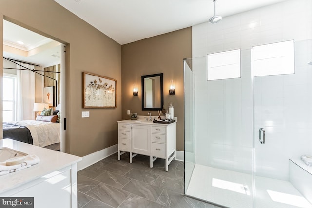 bathroom featuring crown molding, an enclosed shower, vanity, and tile flooring