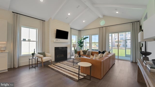 living room with beam ceiling, a fireplace, high vaulted ceiling, and wood-type flooring