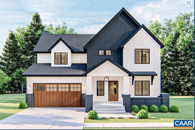 modern farmhouse featuring a front yard and a garage