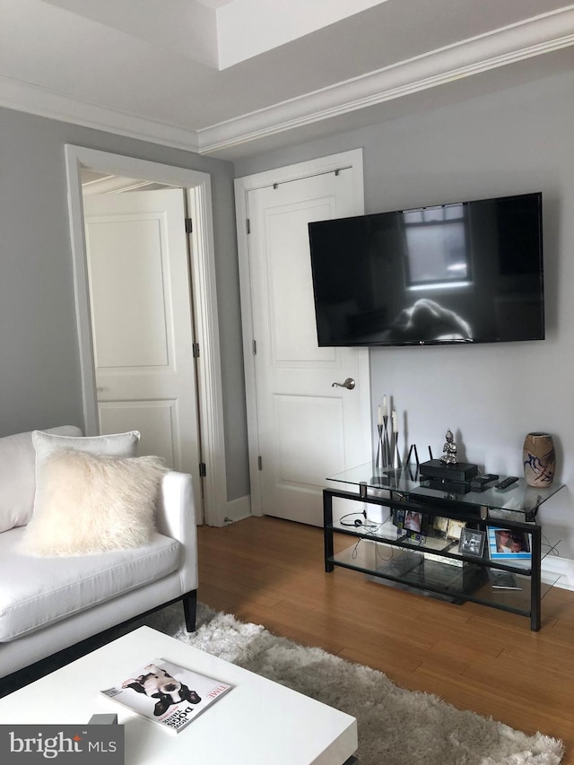 living room featuring hardwood / wood-style floors and ornamental molding