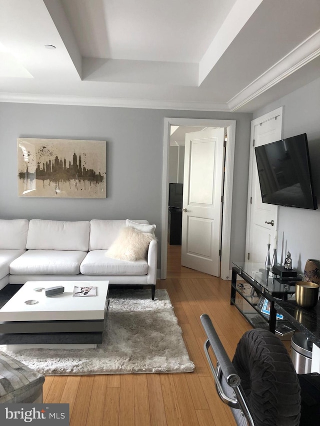 living room with wood-type flooring, a tray ceiling, and ornamental molding