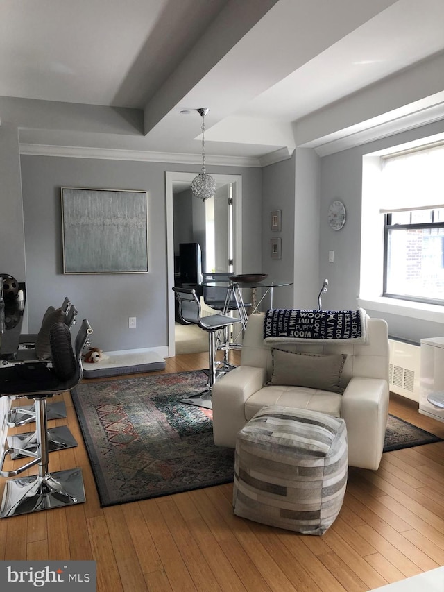 living room with crown molding and wood-type flooring