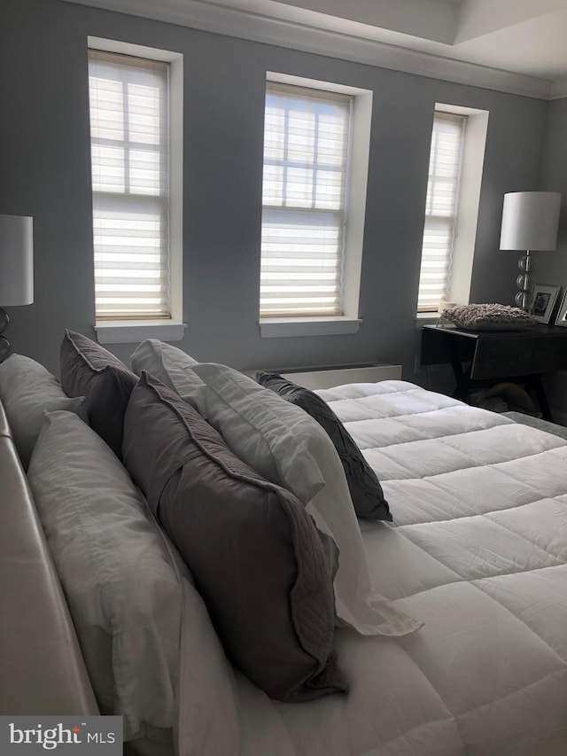 bedroom with multiple windows and crown molding