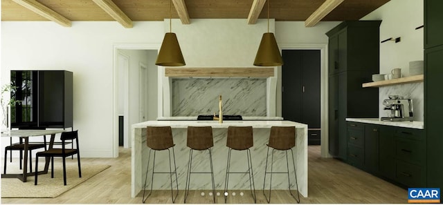 kitchen with beam ceiling, light hardwood / wood-style flooring, wooden ceiling, and pendant lighting