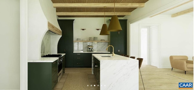 kitchen featuring sink, light hardwood / wood-style flooring, backsplash, beamed ceiling, and wooden ceiling