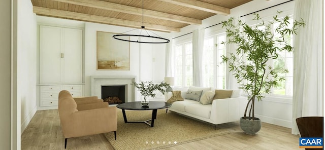 sitting room featuring an inviting chandelier, beamed ceiling, wooden ceiling, and light hardwood / wood-style flooring