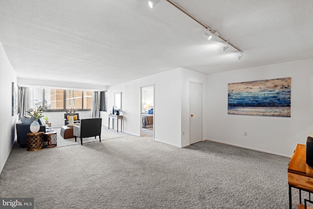 sitting room with light carpet, a textured ceiling, and rail lighting