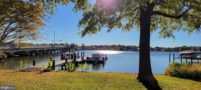 dock area featuring a water view and a yard