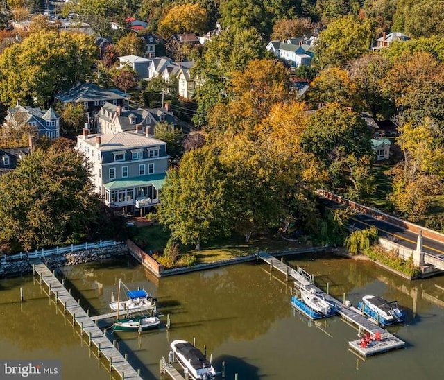 drone / aerial view featuring a water view