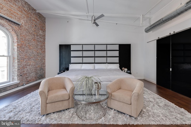 bedroom with beamed ceiling, high vaulted ceiling, dark wood-type flooring, and ceiling fan