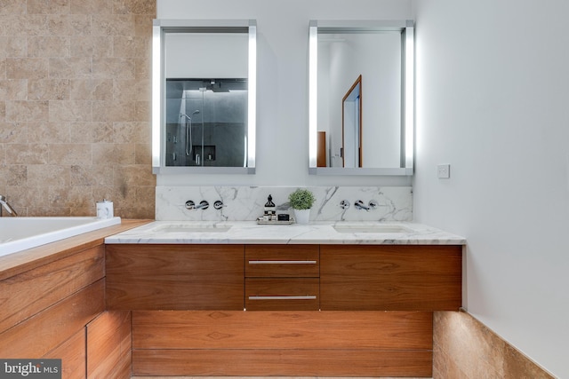 bathroom with vanity and a shower with shower door