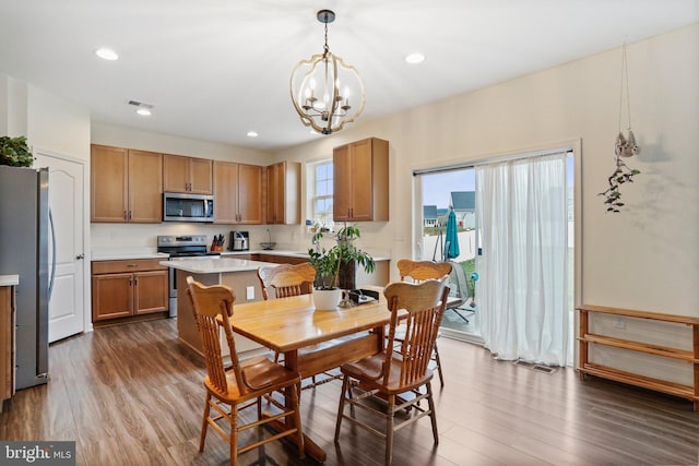 kitchen featuring appliances with stainless steel finishes, wood-type flooring, an inviting chandelier, and decorative light fixtures