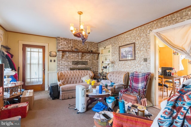 living room with an inviting chandelier, crown molding, light carpet, and a brick fireplace